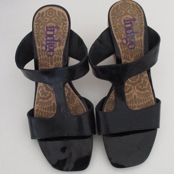 Clarks Indigo Womens Black Patent Leather Slide 3.5" Cork Wedge NWOB - Size 6.5M - Picture 1 of 8